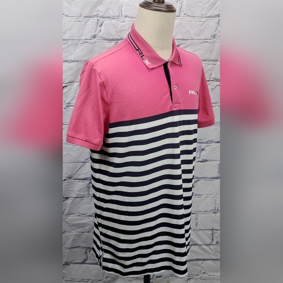 RLX Ralph Lauren Men's Golf Polo Shirt Logo Pink Navy Striped Large - Picture 6 of 14